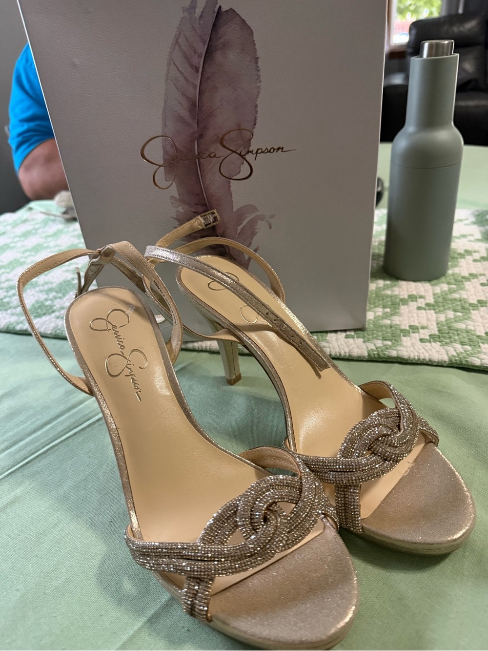 Jessica Simpson Champagne Beaded Knot Slingback Heels